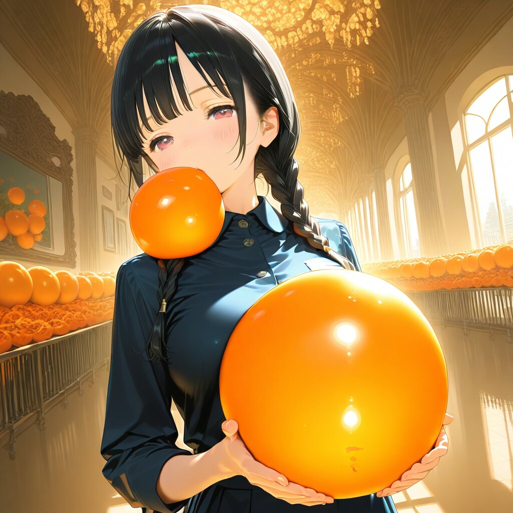 部屋の中でオレンジ色の風船を持つ黒髪三つ編みの美女。