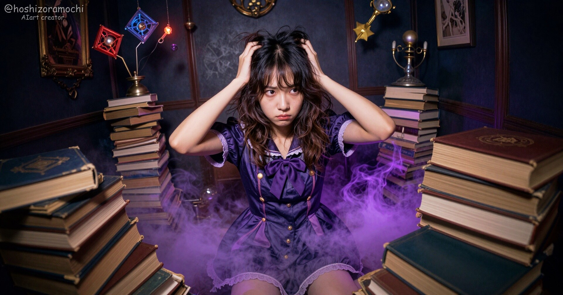 「もう、また失敗しちゃった…！」紫の煙に包まれる、ドジっ子魔女の秘密の調合室 | の人気AIイラスト・グラビア