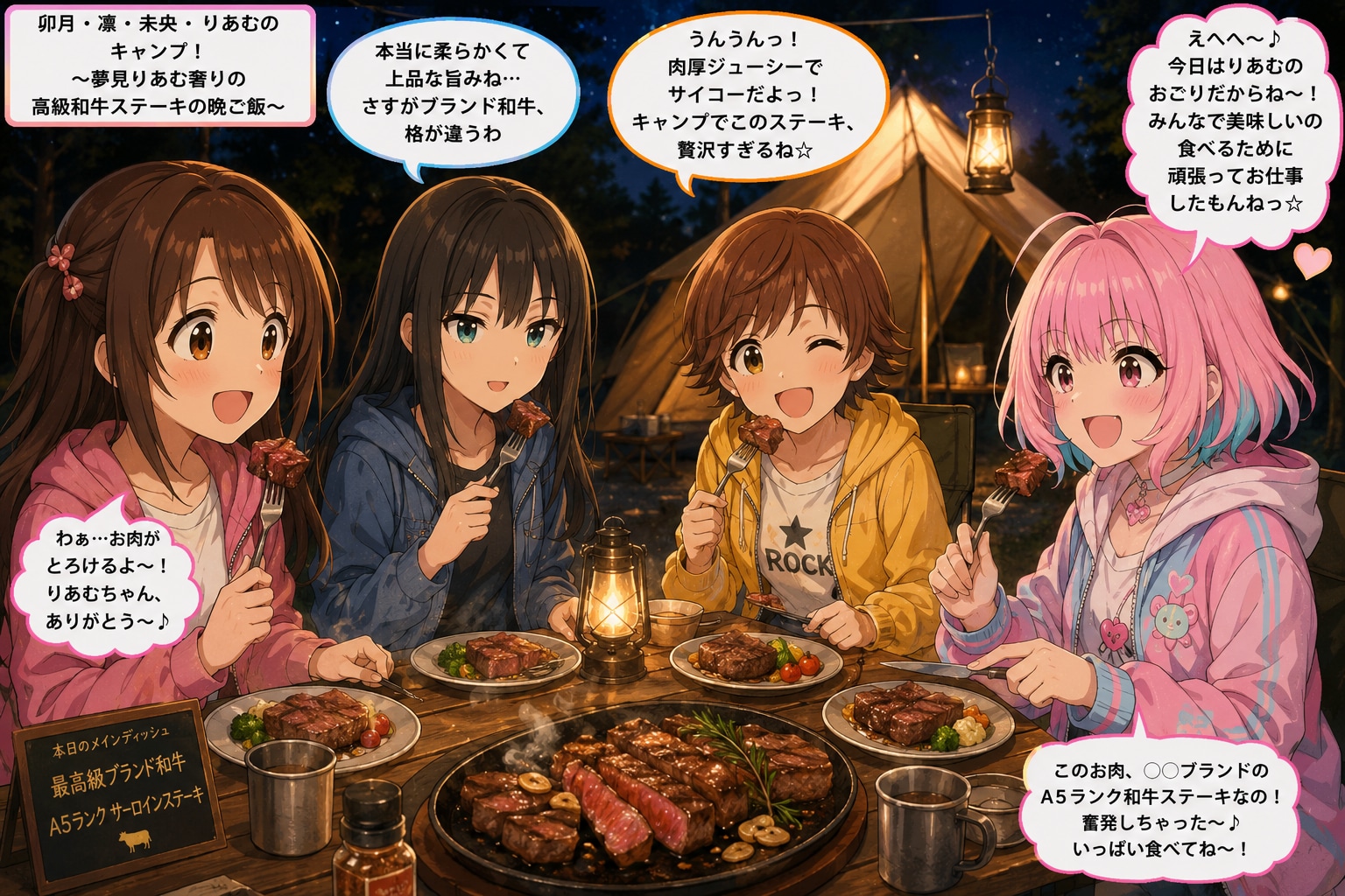 夢見りあむ＆島村卯月＆渋谷凛＆本田未央のキャンプ飯(ステーキのご馳走)