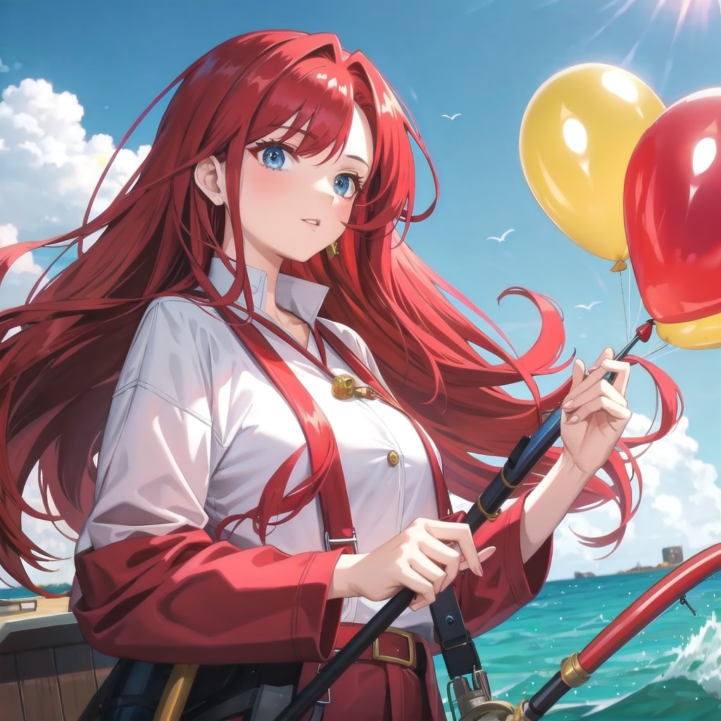 色とりどりの風船を持つ赤い髪ロングの漁師の船長の美女。 | の人気AIイラスト・グラビア