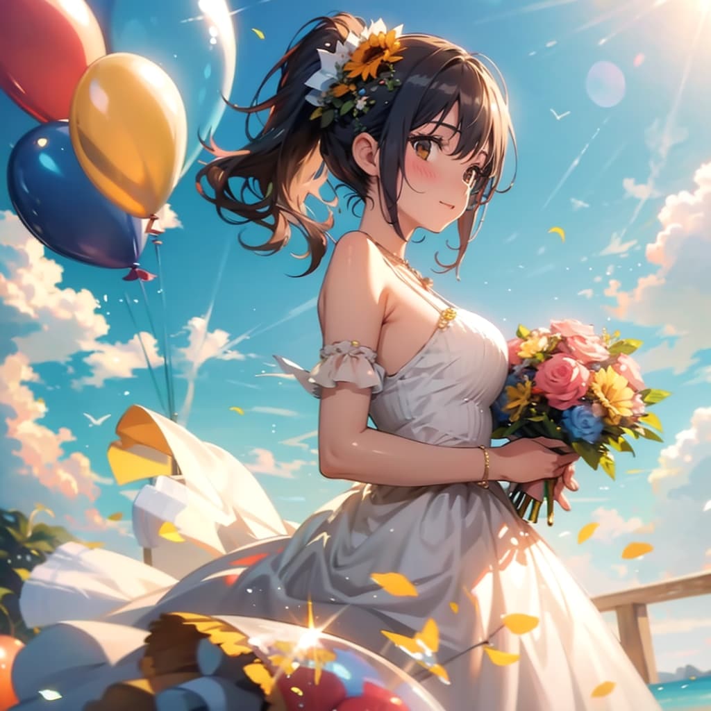 色とりどりの風船を持つブラウンポニーテールのウェディングドレス着た美女