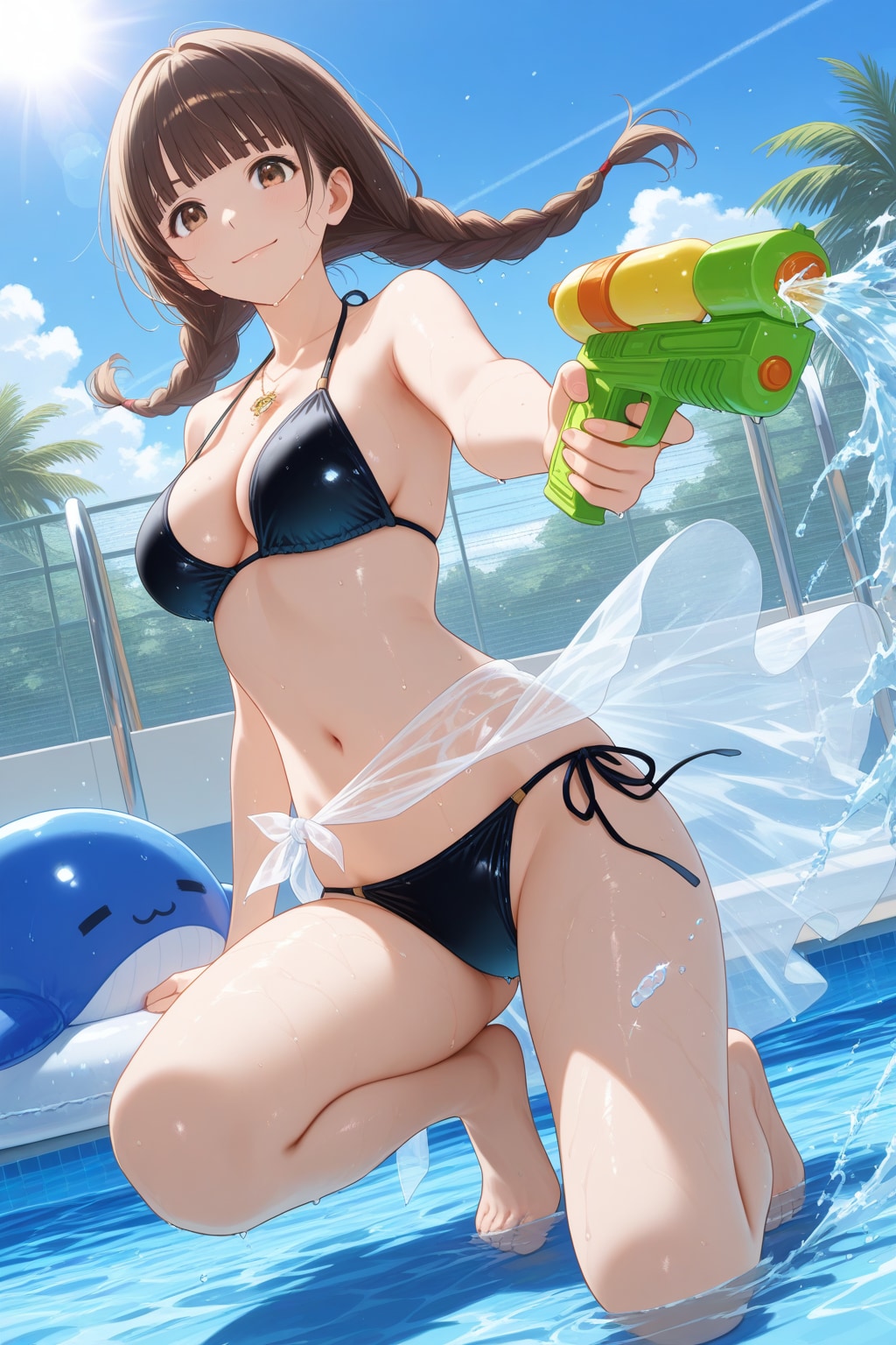 お姉さんとプールで水鉄砲合戦！