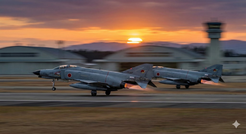 【お試し生成】F-4EJ改 ファントムⅡ のスクランブル離陸シーン。