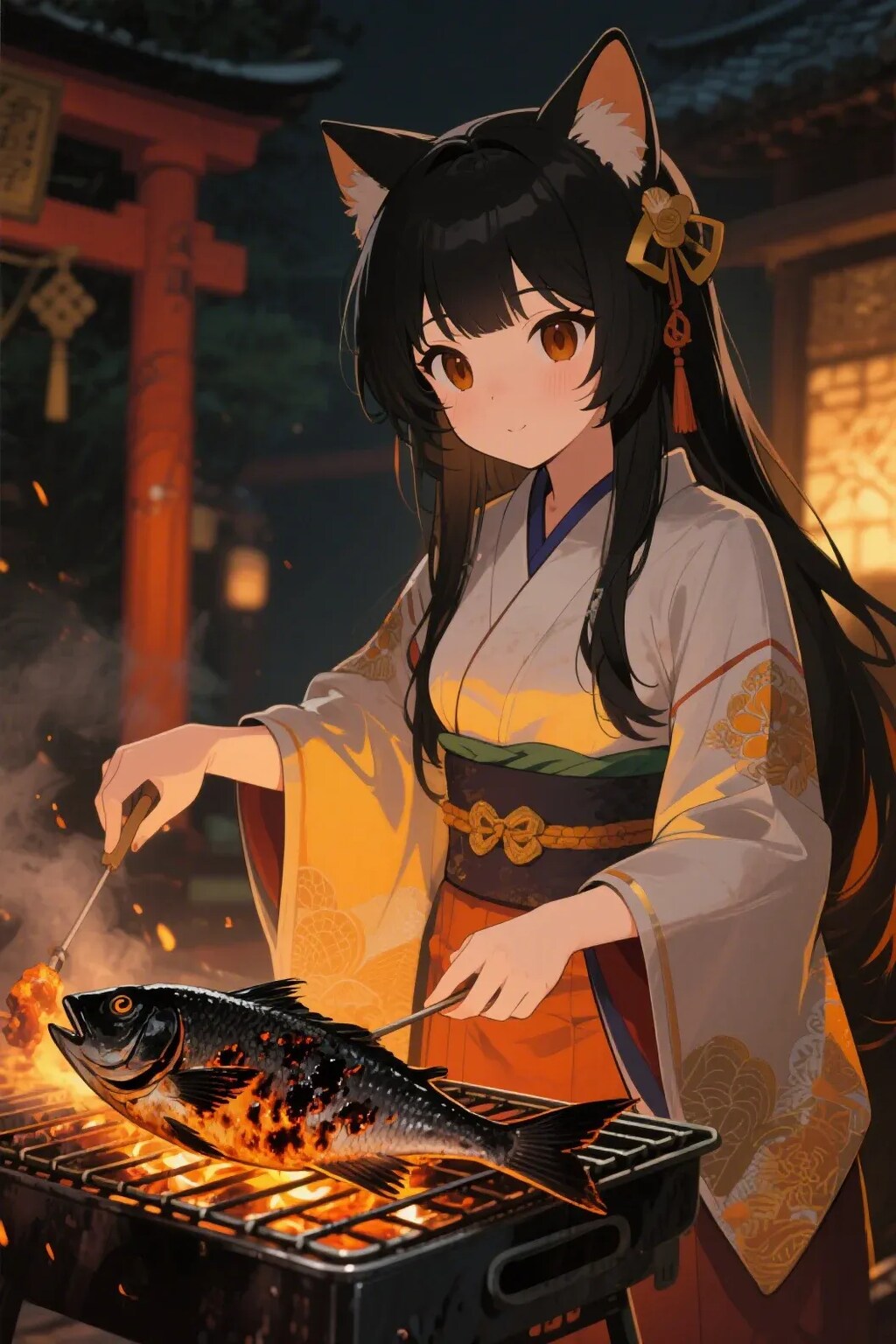 魚を焼くさくらちゃん