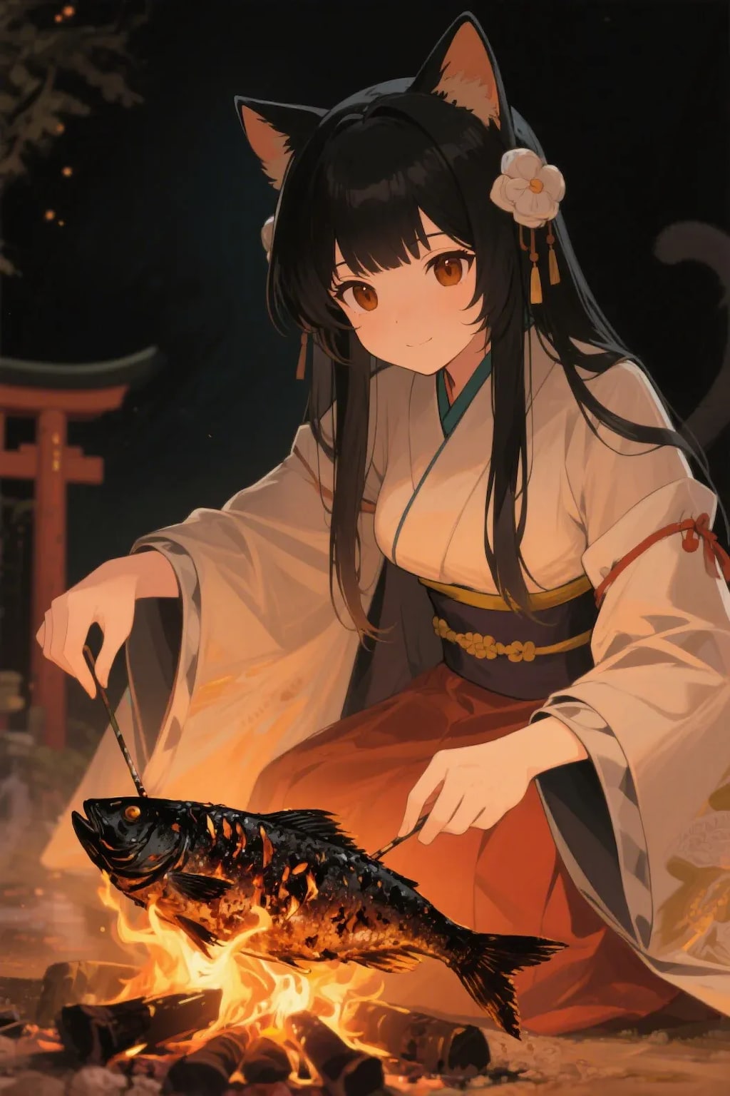 魚を焼くさくらちゃん