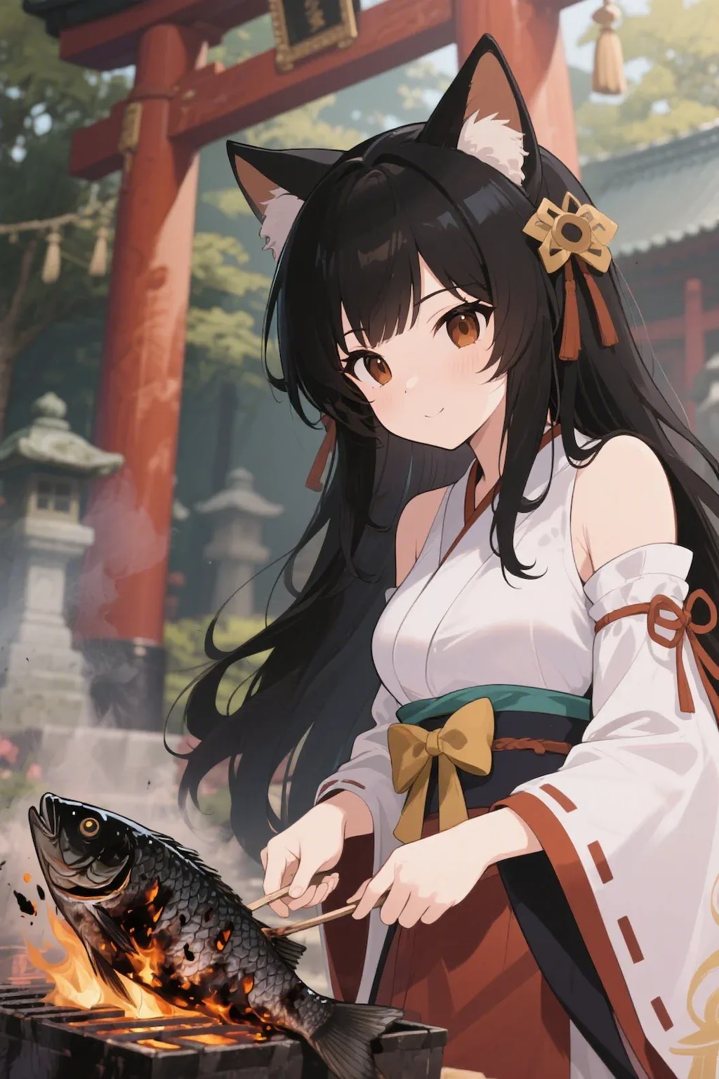 魚を焼くさくらちゃん