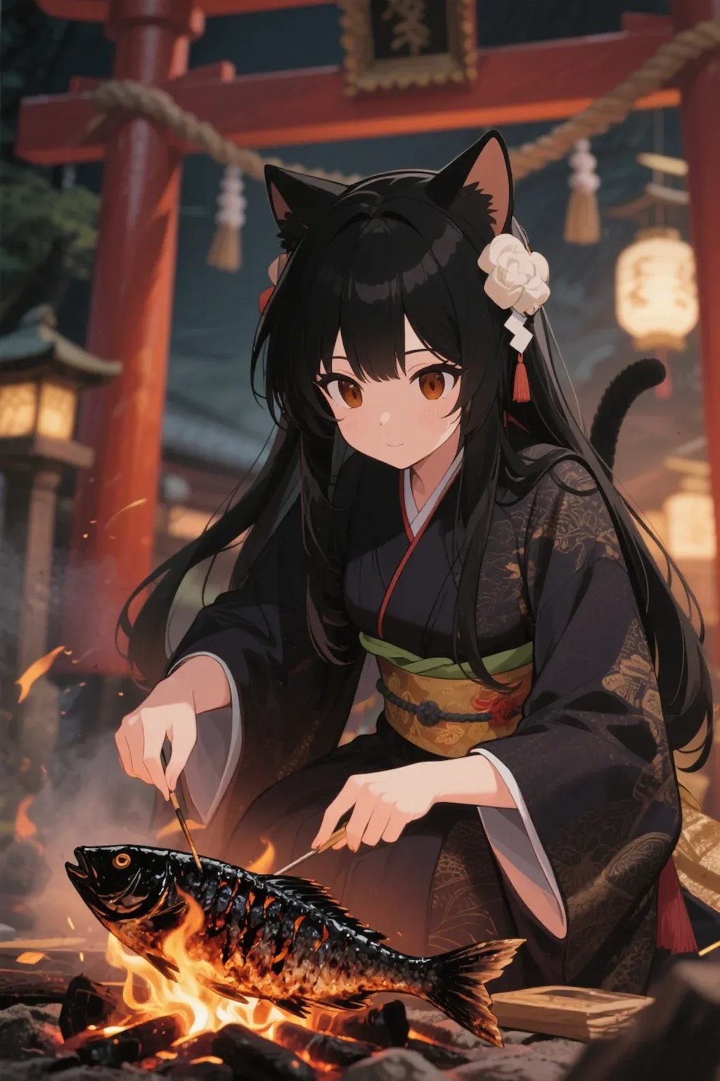 魚を焼くさくらちゃん