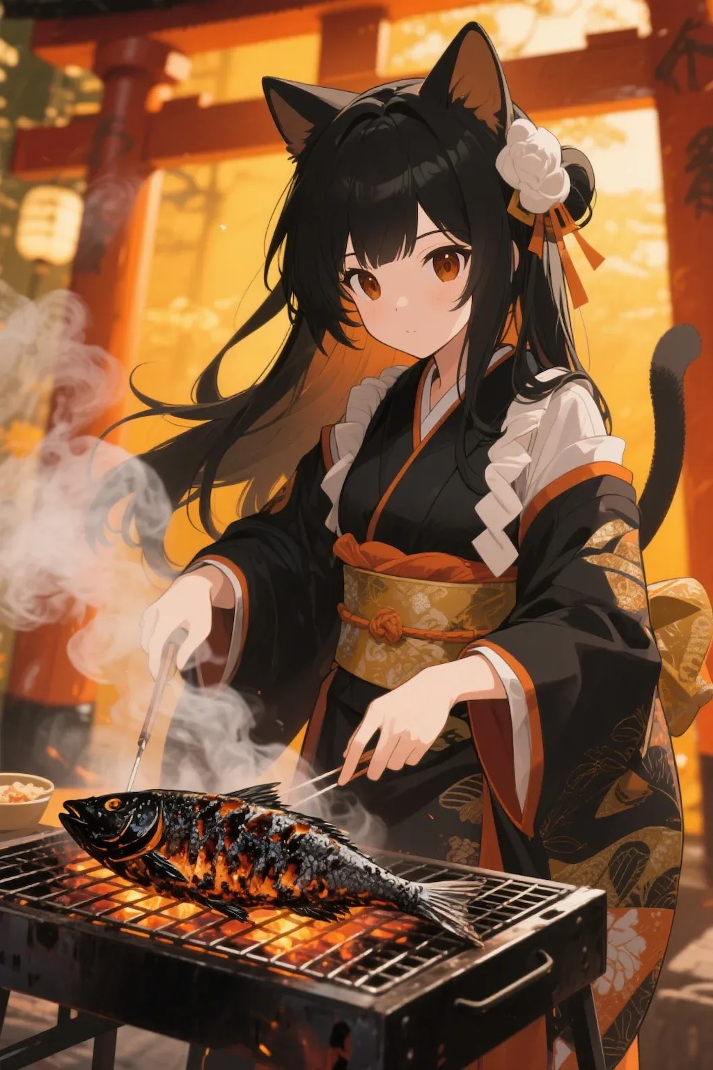 魚を焼くさくらちゃん