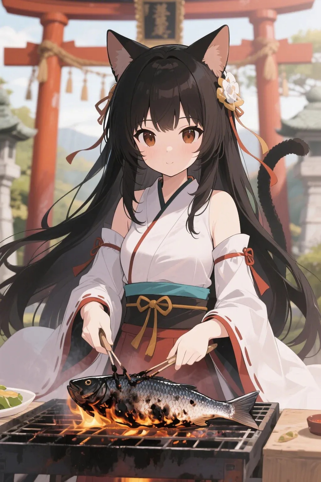 魚を焼くさくらちゃん