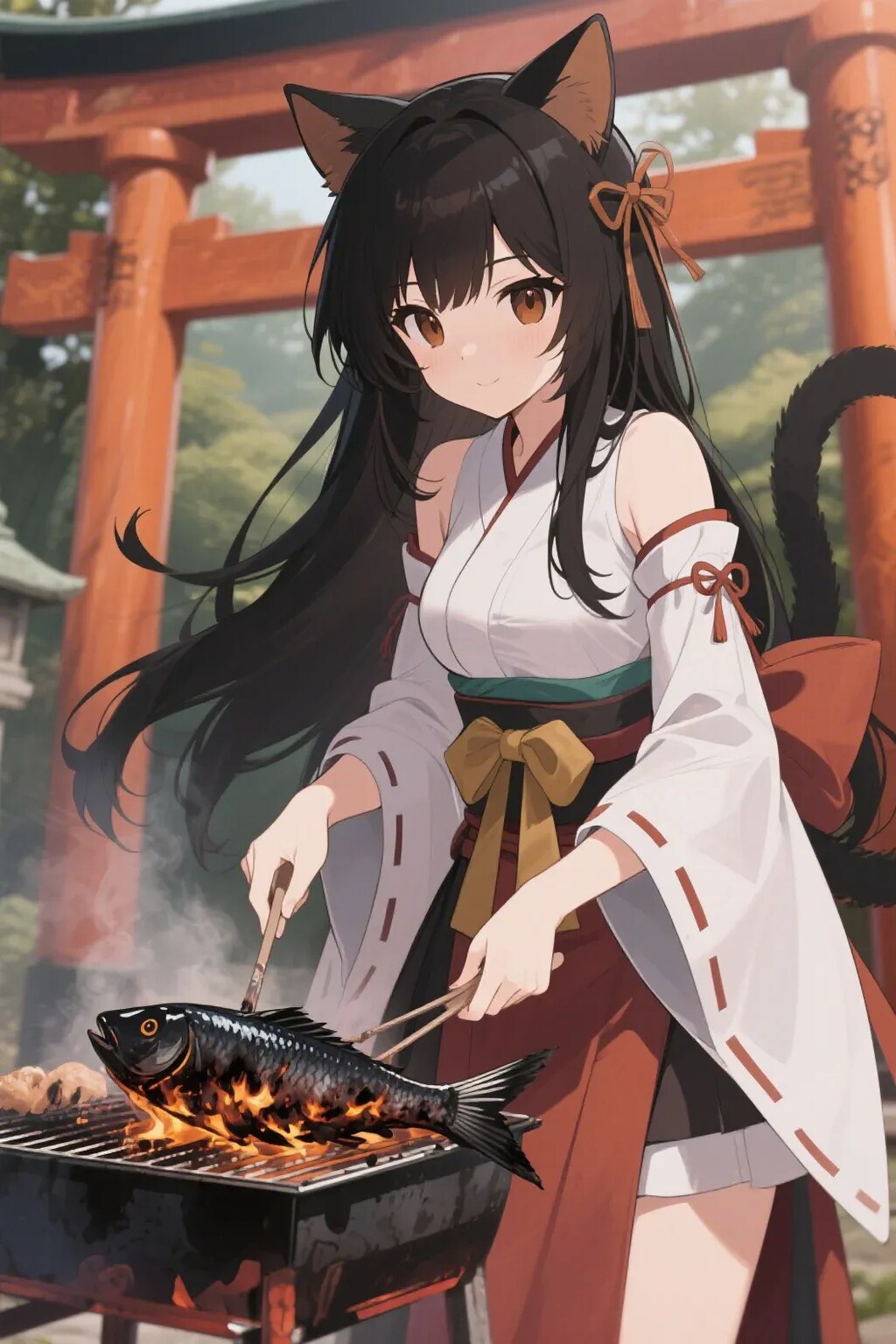 魚を焼くさくらちゃん