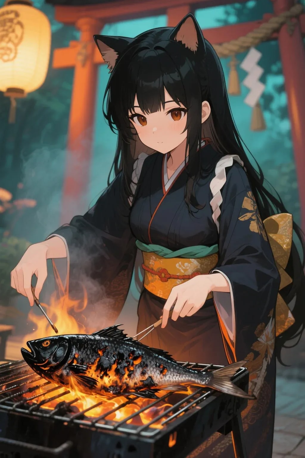 魚を焼くさくらちゃん