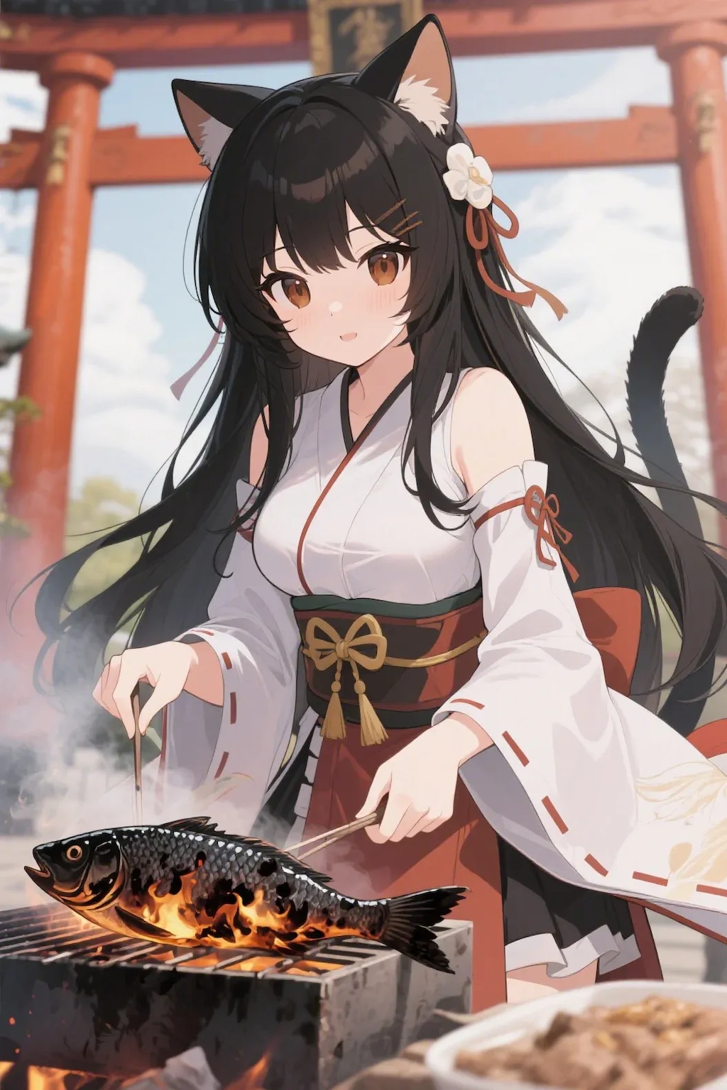 魚を焼くさくらちゃん