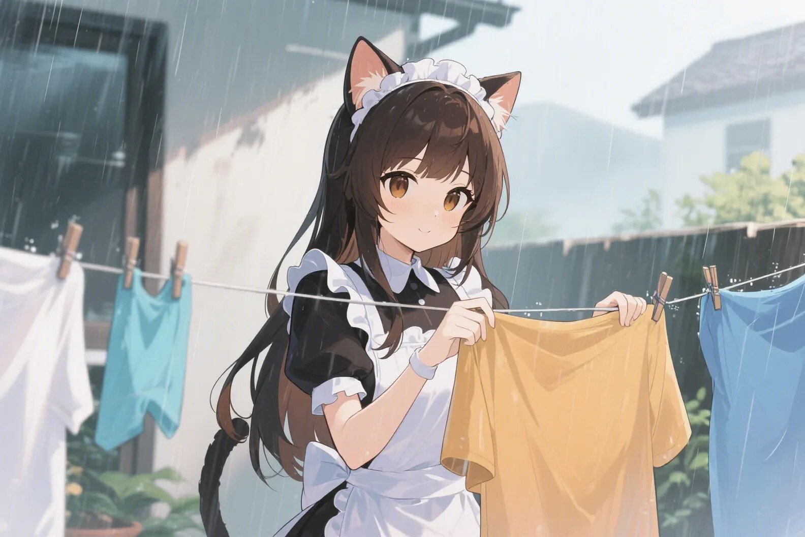 雨の中外に洗濯物を干すメイドのさくらちゃん | の人気AIイラスト・グラビア