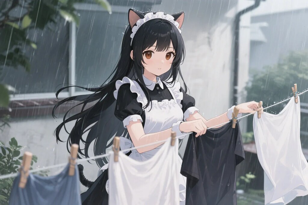 雨の中外に洗濯物を干すメイドのさくらちゃん