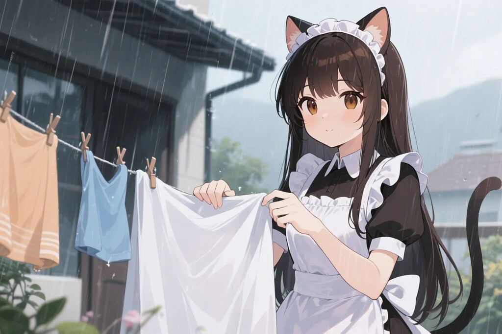 雨の中外に洗濯物を干すメイドのさくらちゃん