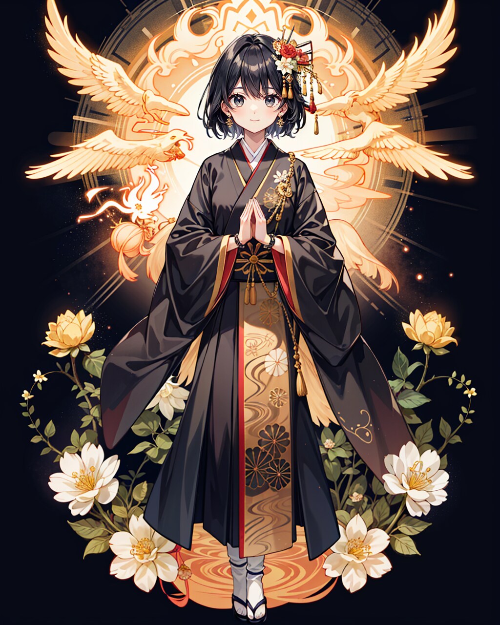 鳳凰と合掌する僧侶