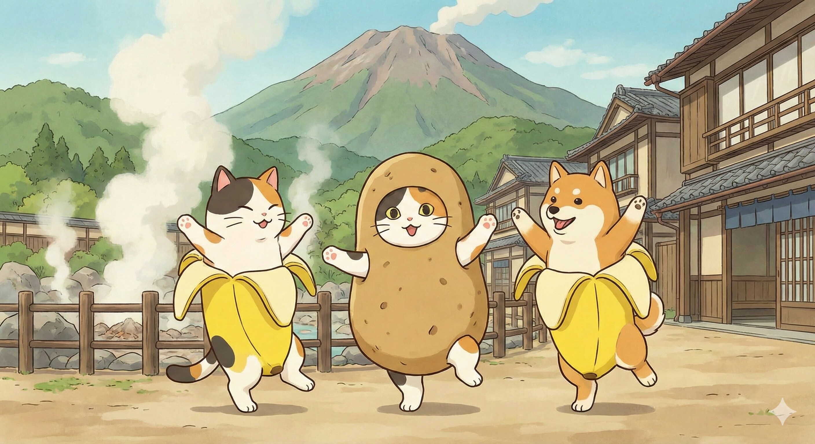 2匹のにゃんと1匹のわんが故郷で踊る