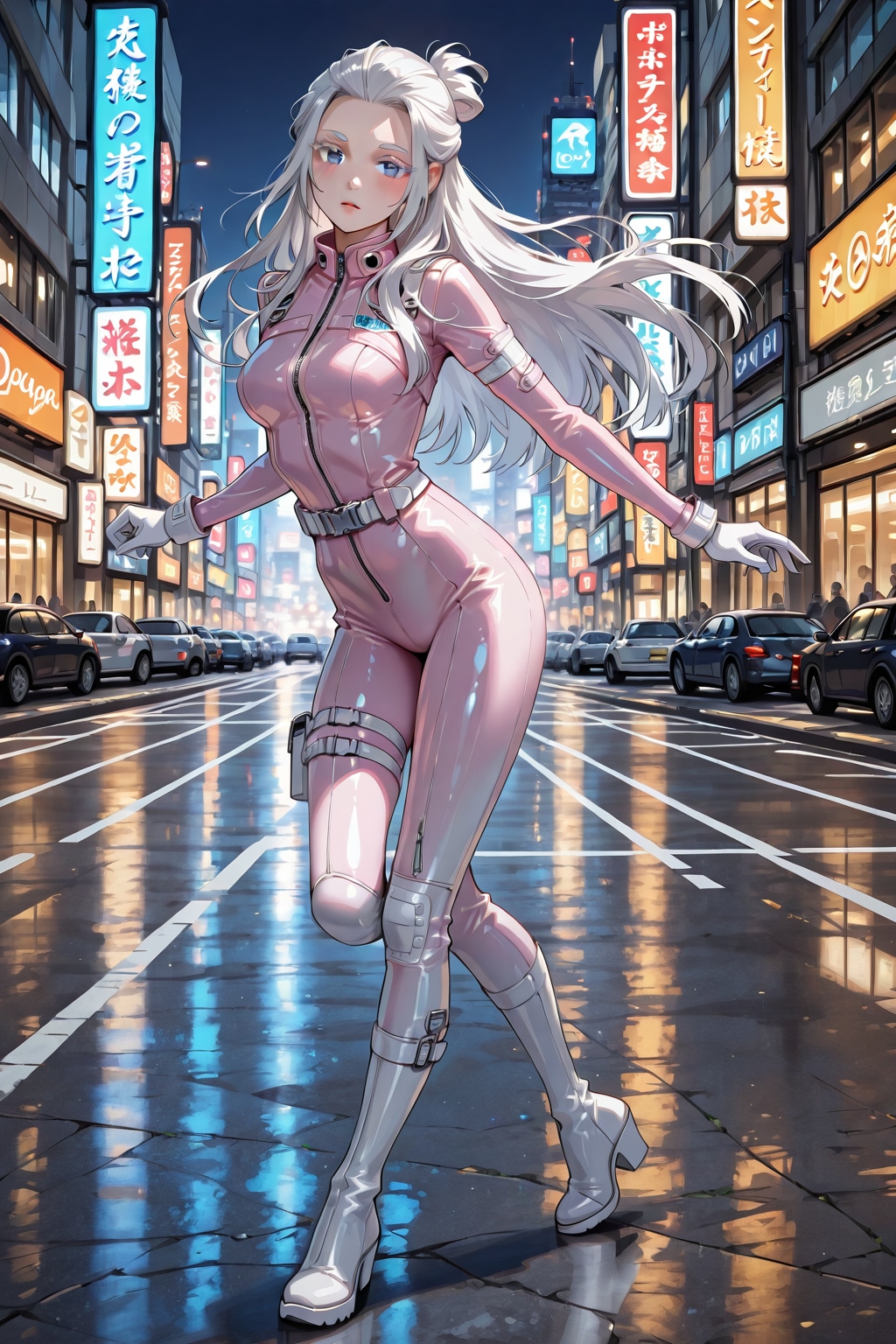 淡いピンクのボディースーツの銀髪さん