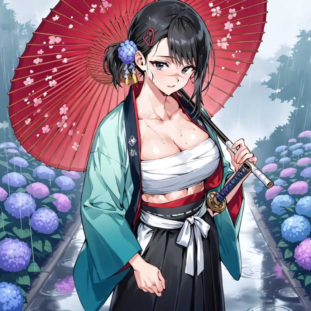 女浪人さんと紫陽花と