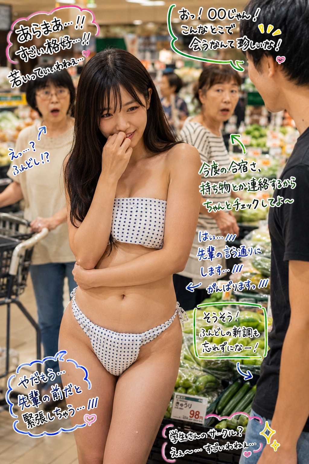 スーパーで先輩に会って照れているフンドシ女子大生
