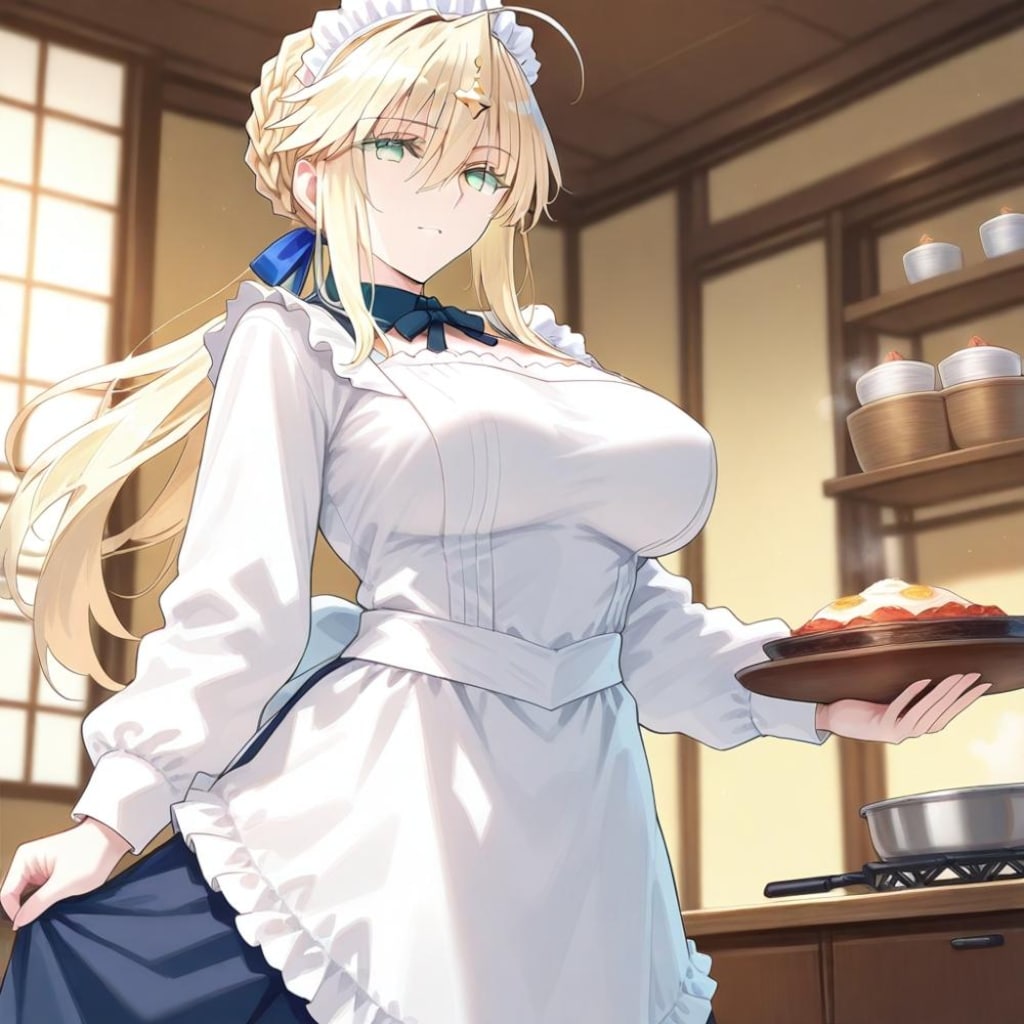 アニメ風料理する家政婦割烹着エプロンメイド人妻達