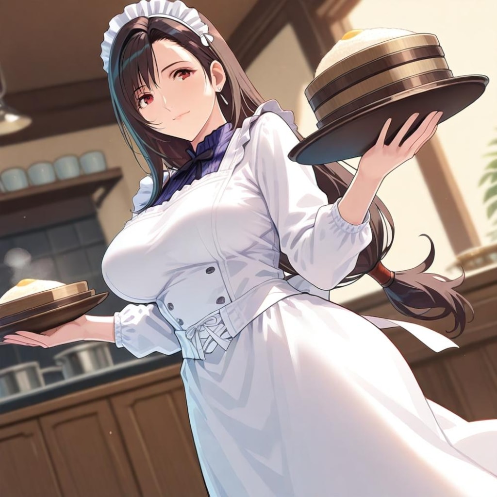 アニメ風料理する家政婦割烹着エプロンメイド人妻達