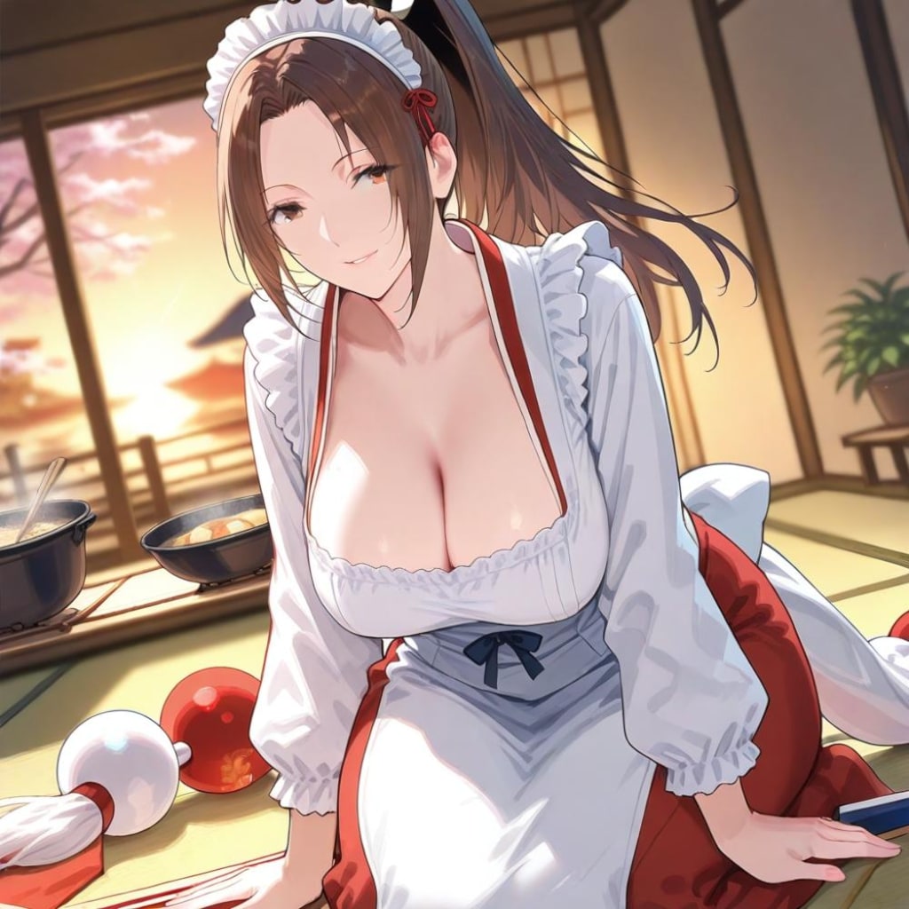 アニメ風料理する家政婦割烹着エプロンメイド人妻達