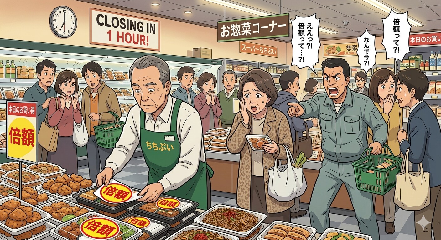 閉店1時間前のスーパーちちぷいの光景