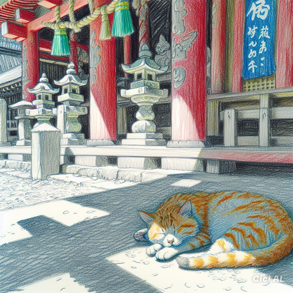 神社で昼寝する猫