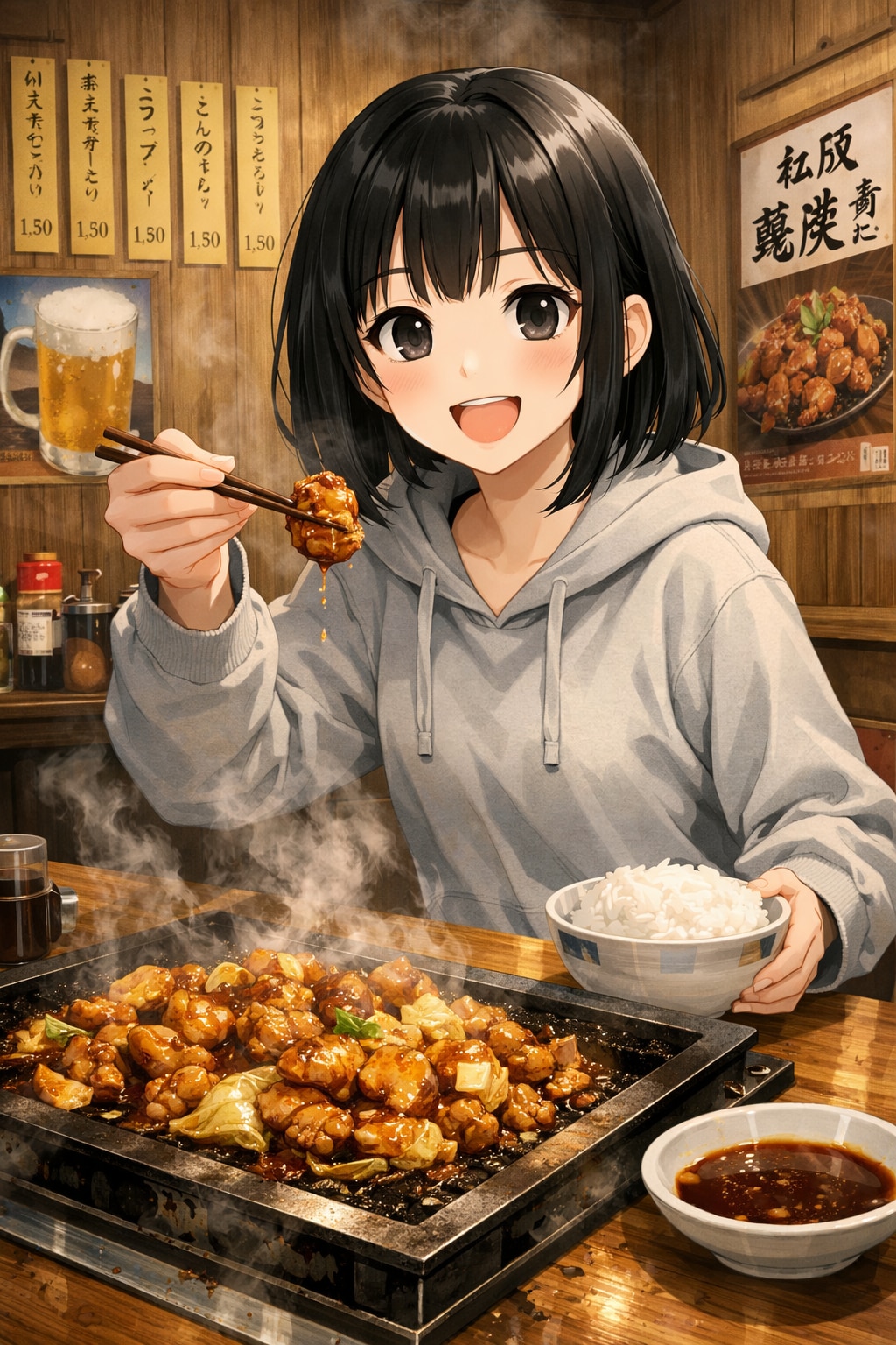 鶏焼き肉を食べている女の子