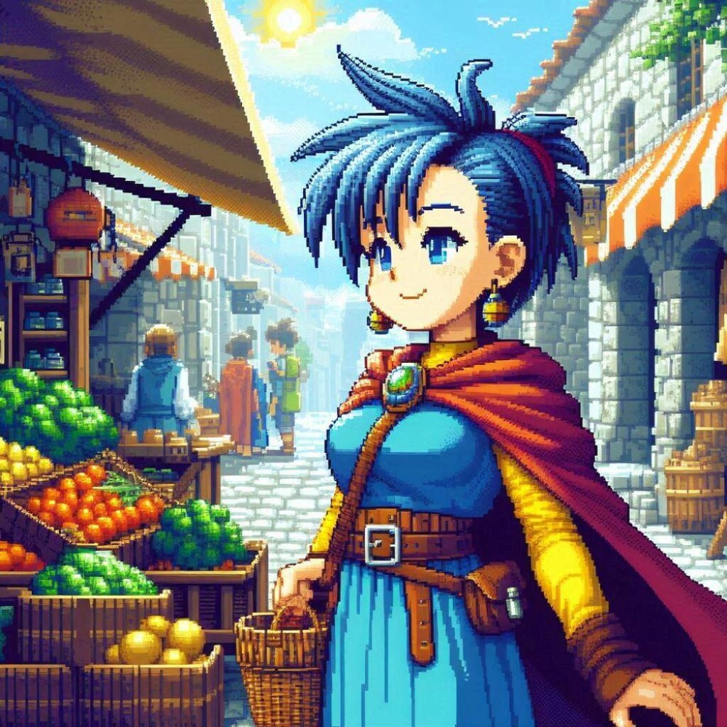 油絵アニメドット絵風古代ギリシャ市場で買い物勇者コスプレ人妻23歳＆商人