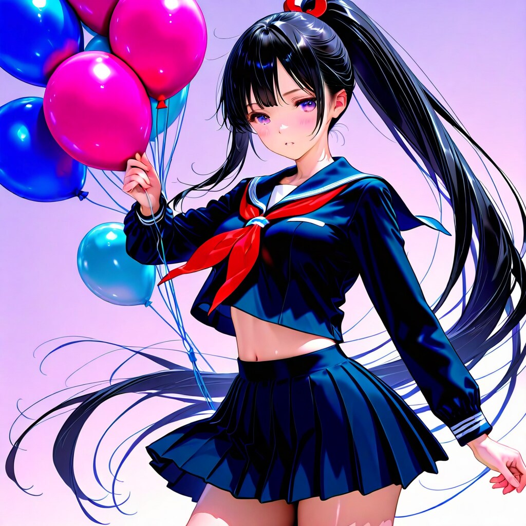 いっぱい風船を持つ黒髪ポニーテールのセーラー服の美少女 | の人気AIイラスト・グラビア
