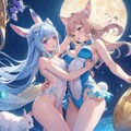 月を背景にして、一緒に踊るねことうさぎ(翻訳したらこうなった・ちちぷい) 3枚目