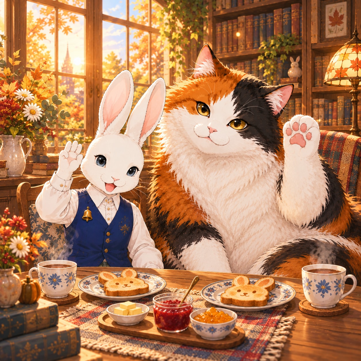 おはよウサギ（４１）ミミと三毛殿 朝ごはん GPTimages2.5 | の人気AIイラスト・グラビア
