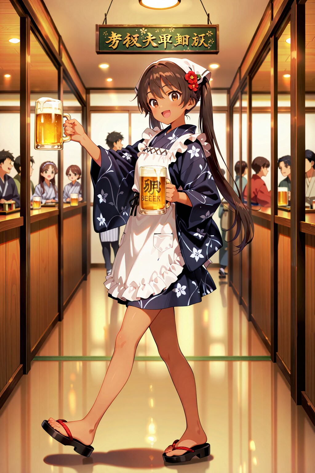 ミニ丈浴衣のウェイトレスさん Y603