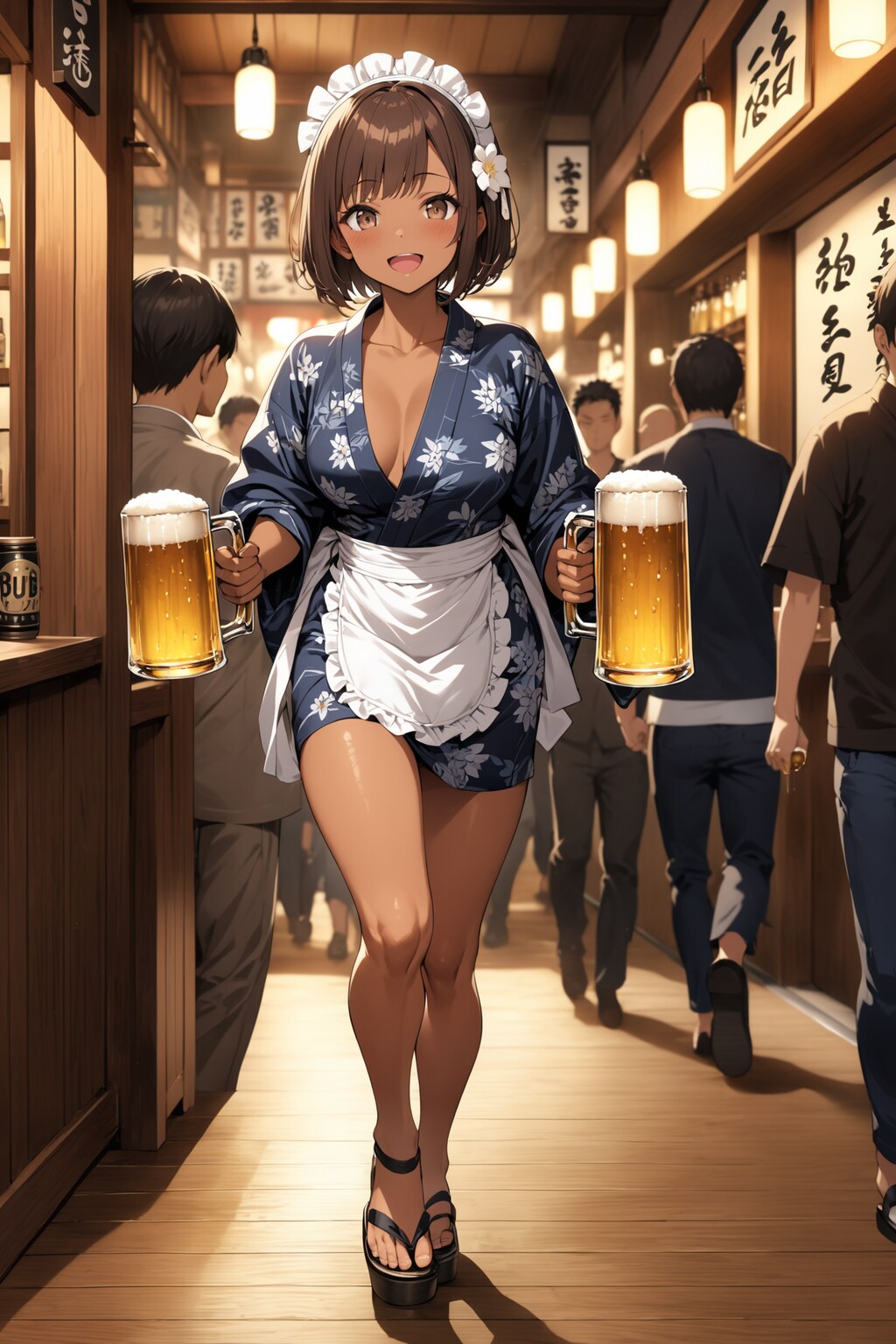 ミニ丈浴衣のウェイトレスさん Y603