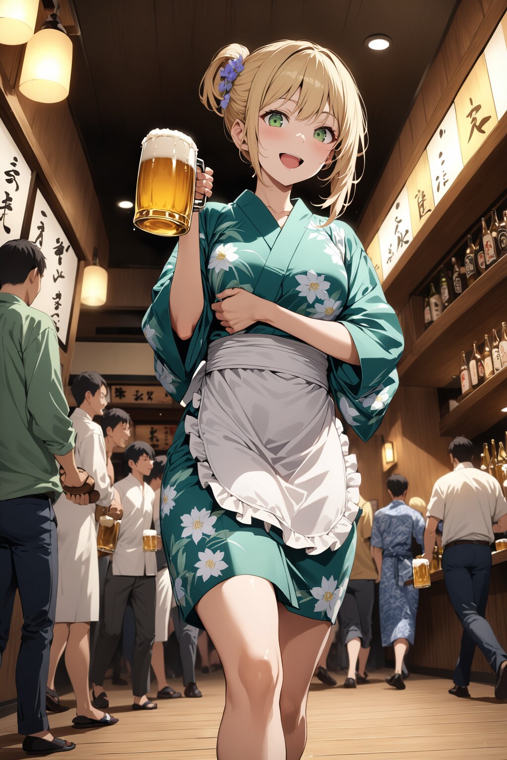 ミニ丈浴衣のウェイトレスさん Y603