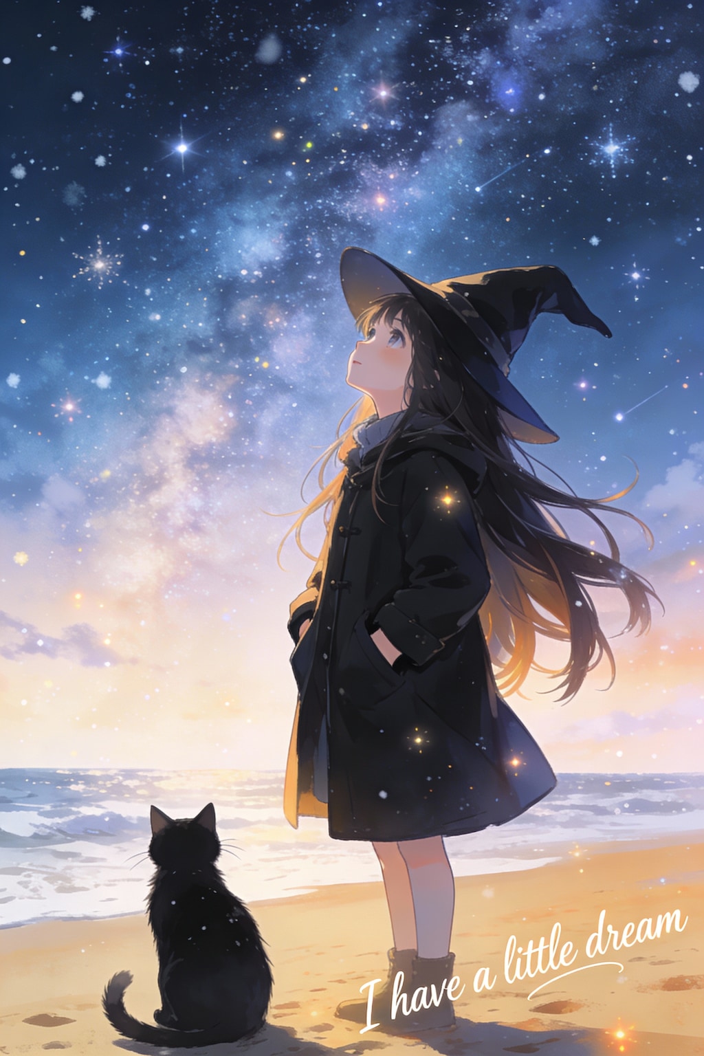 Seedream:4.5  砂浜の魔女と星空