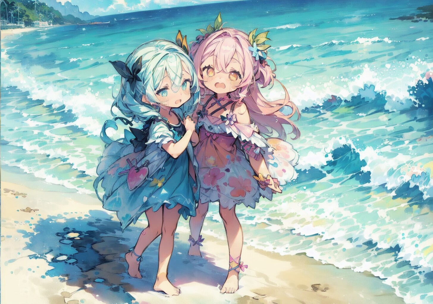 浜辺で散歩する二人