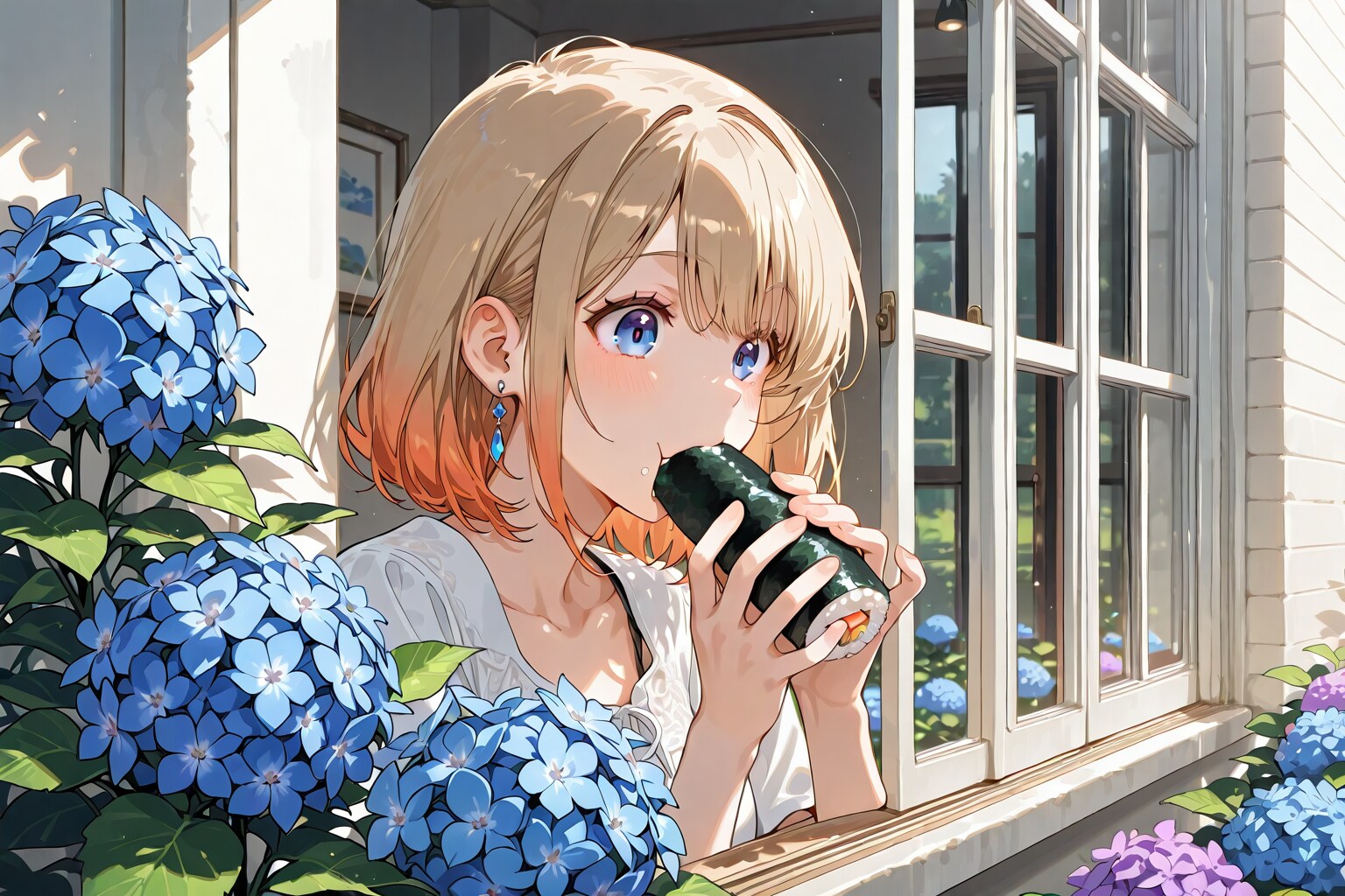 紫陽花を見ながら、お寿司を食べる。