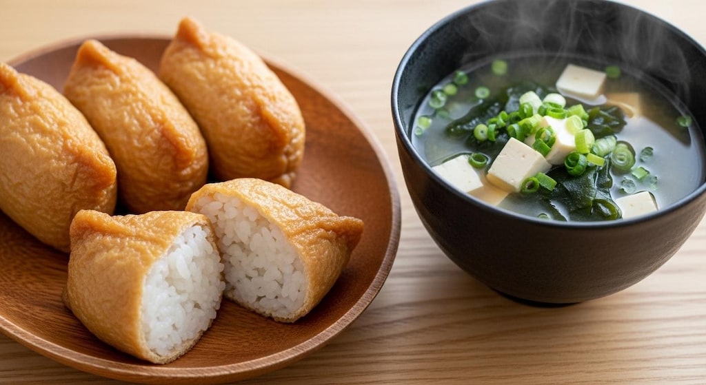 摩訶不思議食堂の稲荷寿司と味噌汁のセット