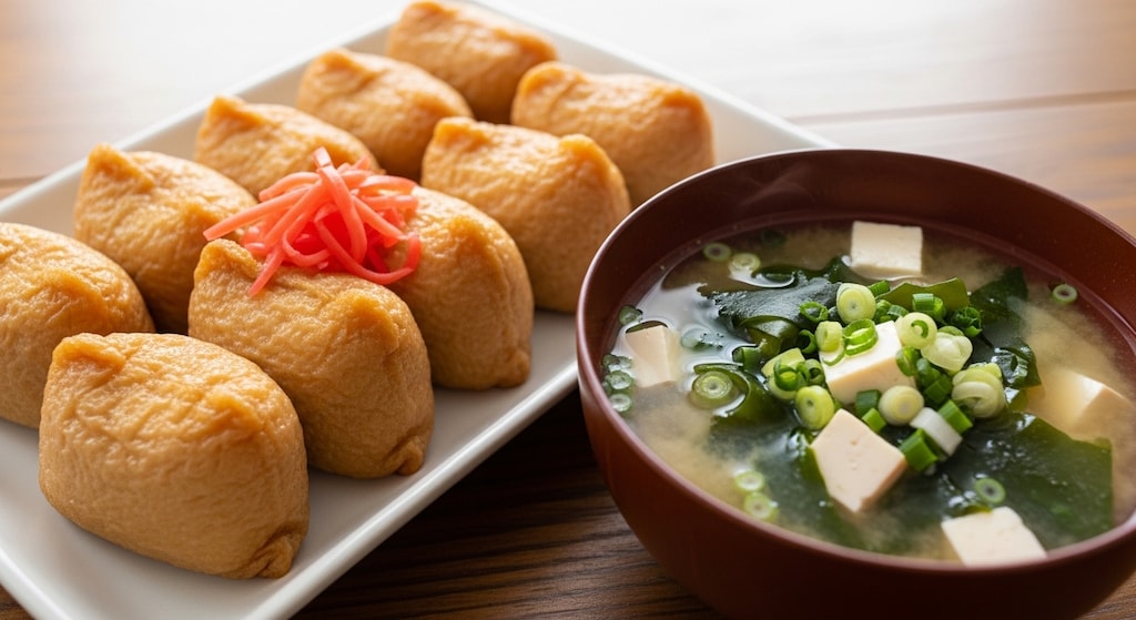 摩訶不思議食堂の稲荷寿司と味噌汁のセット