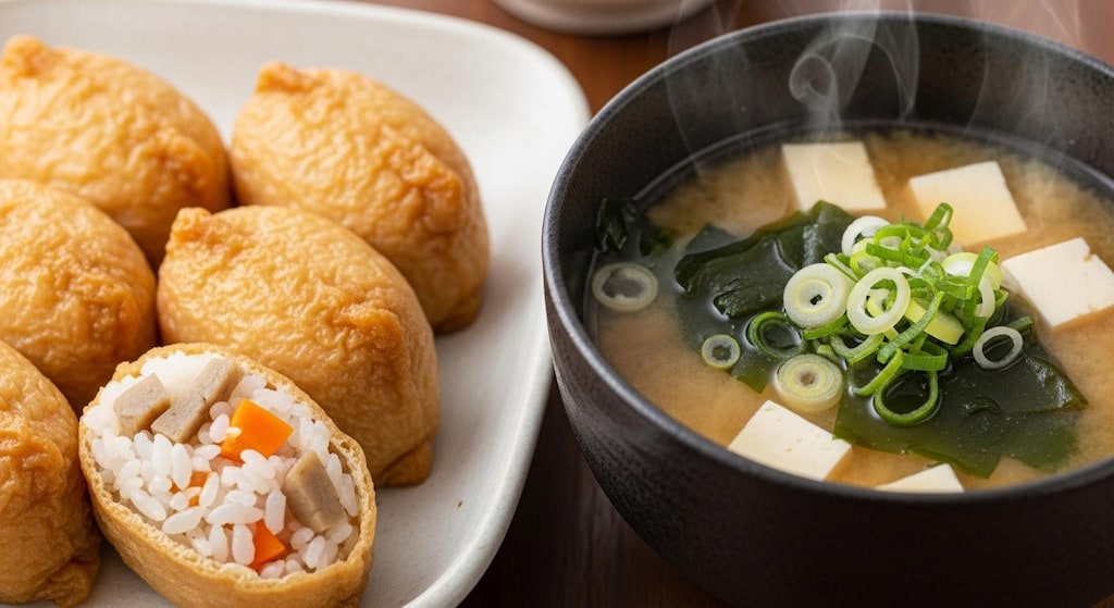 摩訶不思議食堂の稲荷寿司と味噌汁のセット