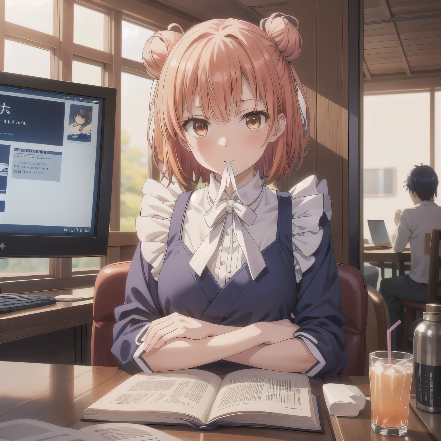 茶髪シニヨンで漫画喫茶の少女 | の人気AIイラスト・グラビア