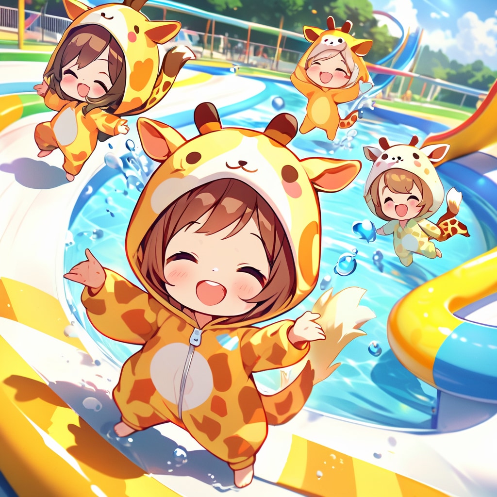 プールとウォータースライダーとキリン着ぐるみちび子ちゃん