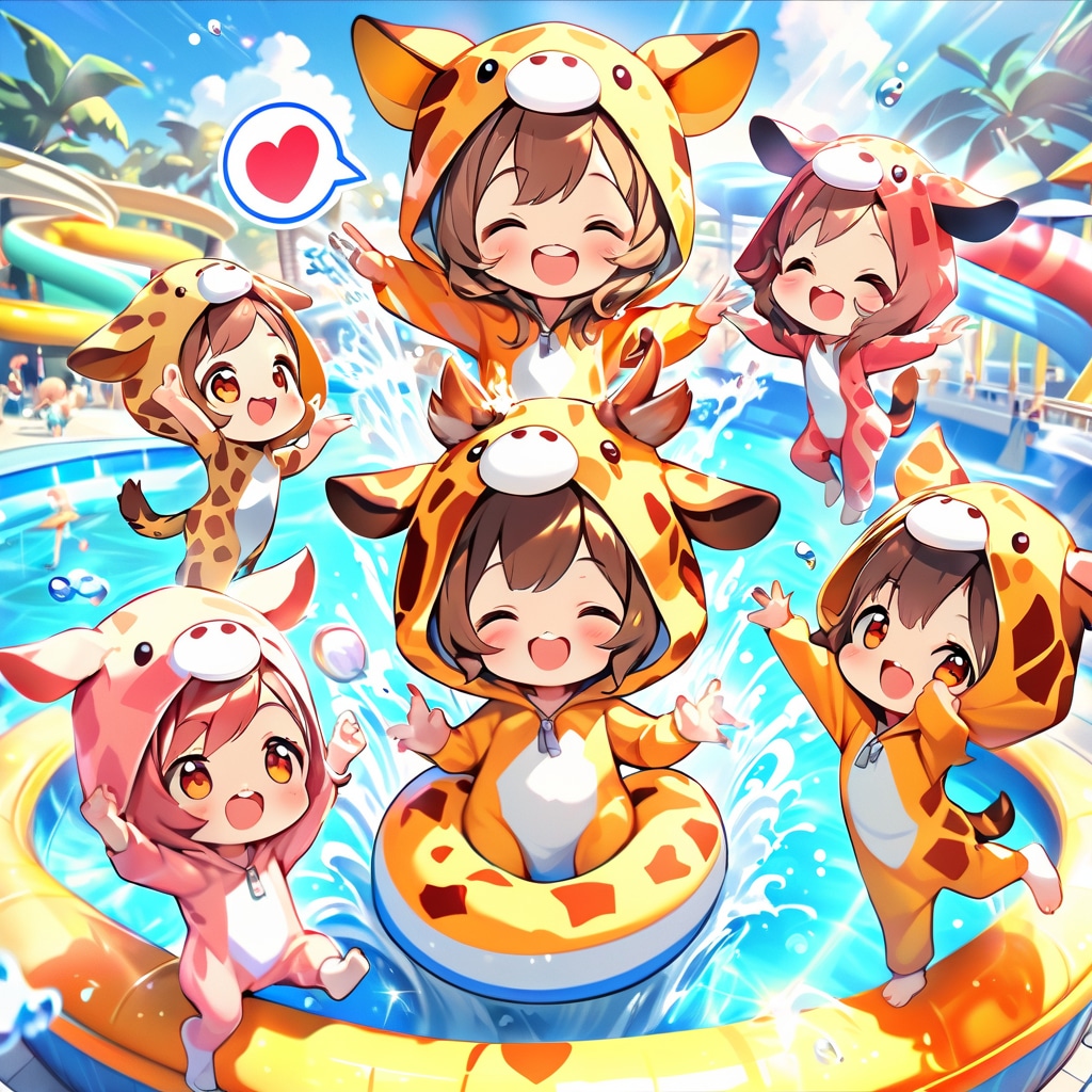 プールとウォータースライダーとキリン着ぐるみちび子ちゃん