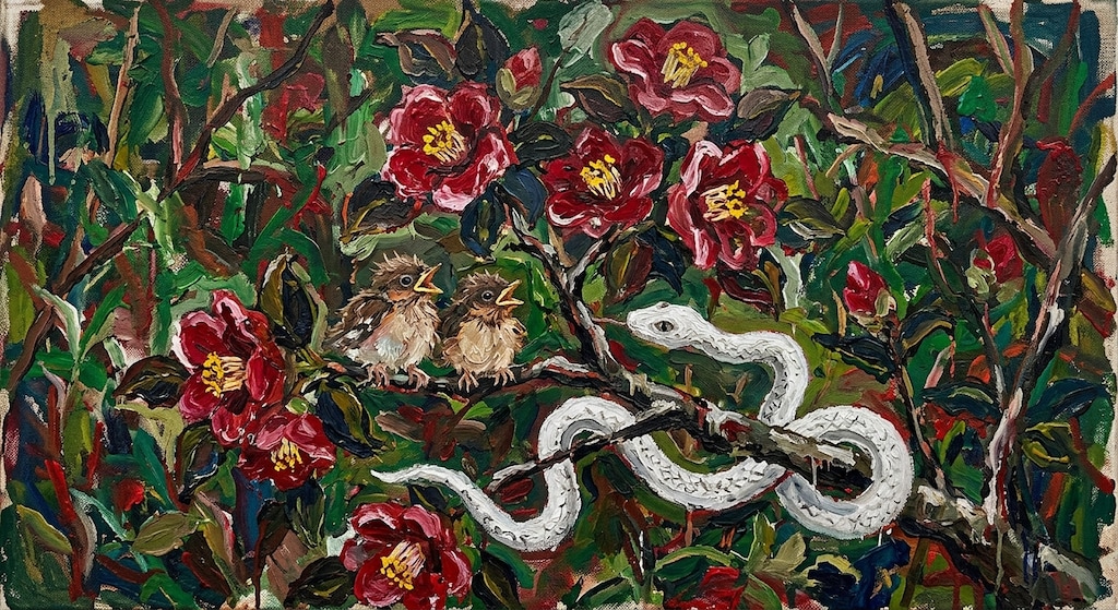 雛・椿・白蛇 Baby bird, Camellia, White snake