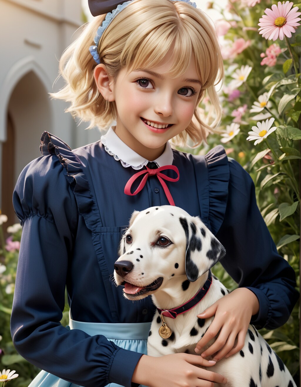 黒髪ツインテールの美少女とダルメシアン「おはようだワン！」