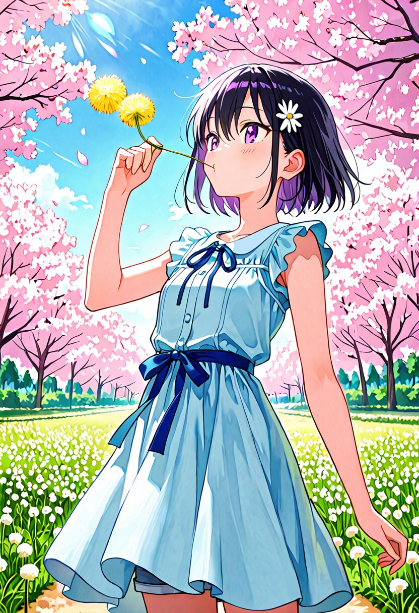 たんぽぽを膨らまそうとするひまりちゃん