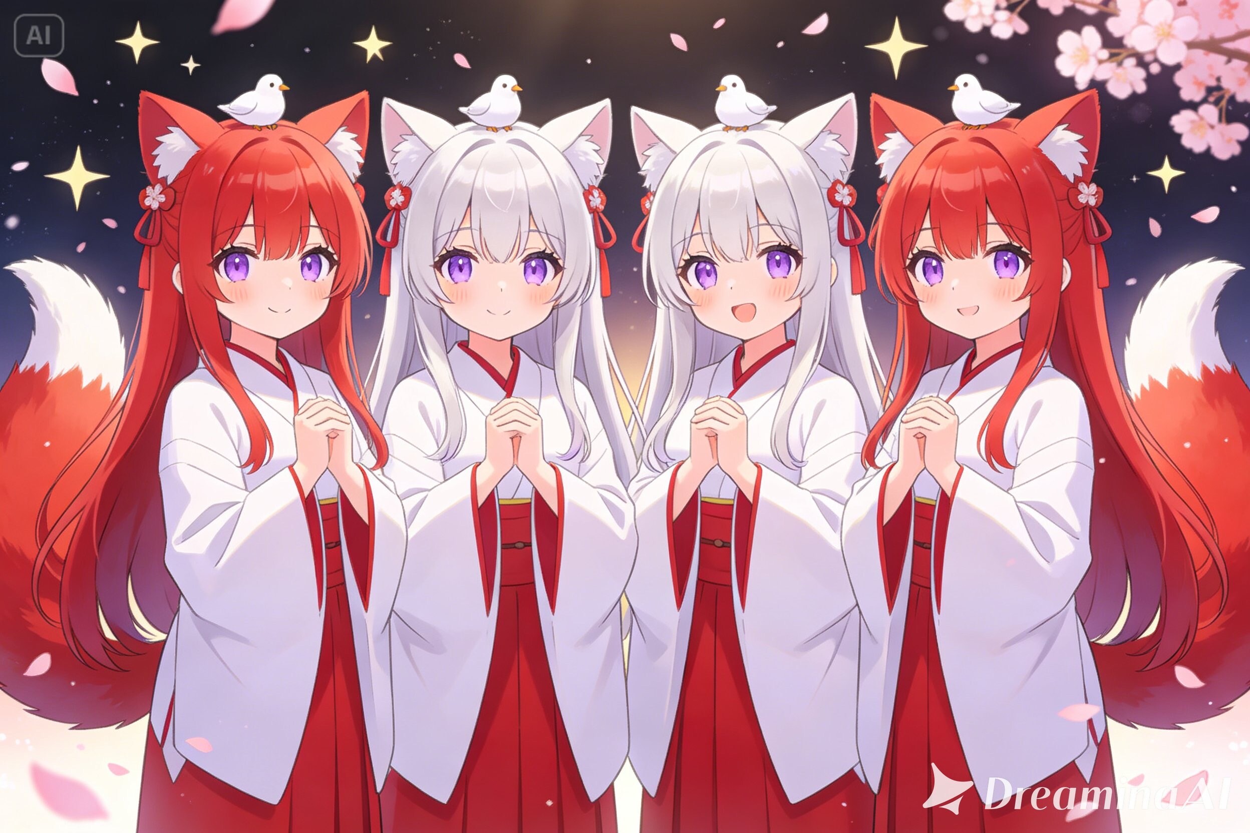 紅白のキツネの巫女4人で生成したら赤と白のキツネの巫女で生成された（笑）